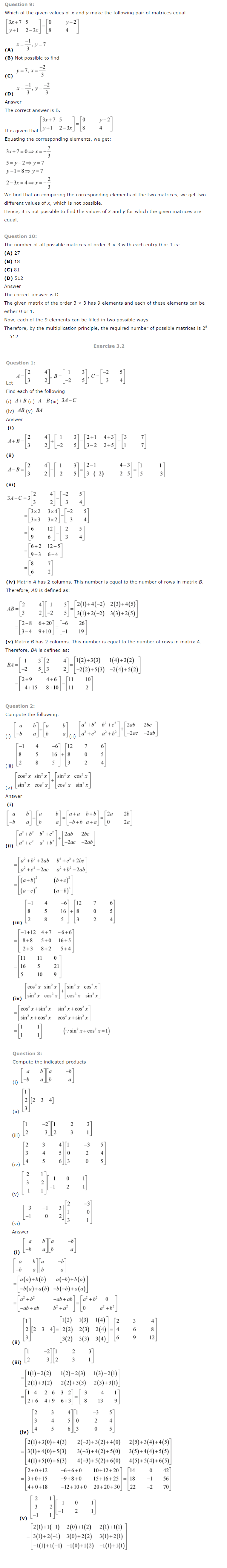 NCERT Solutions for Class 12 Maths Chapter 3 Matrices