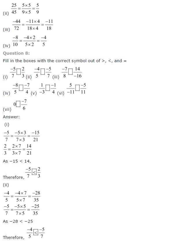 NCERT Solutions for Class 7th Maths Chapter 9 Rational Numbers Exercise 9.1