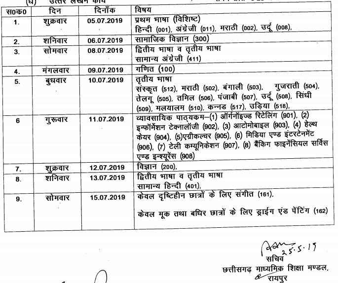 CGBSE Class 10 Supplementary Exam Time Table