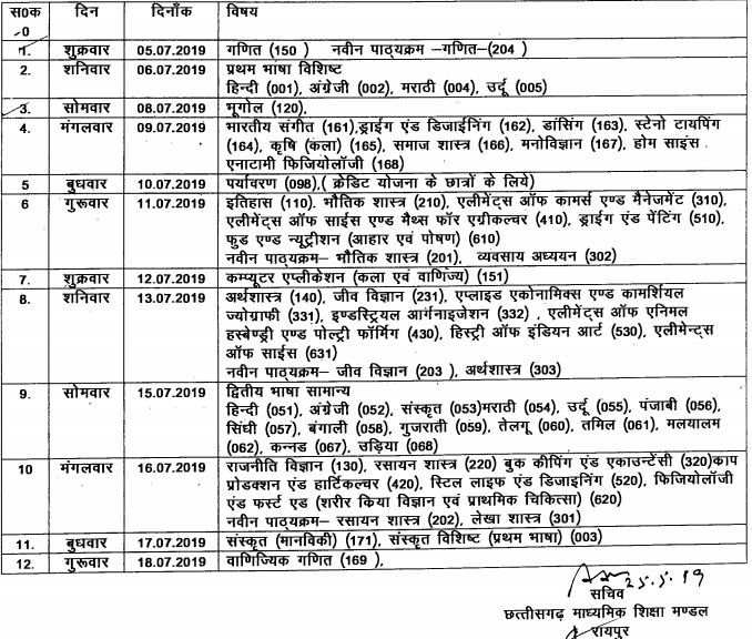 CGBSE-Class-12-Supplementary-Exam-Time-Table