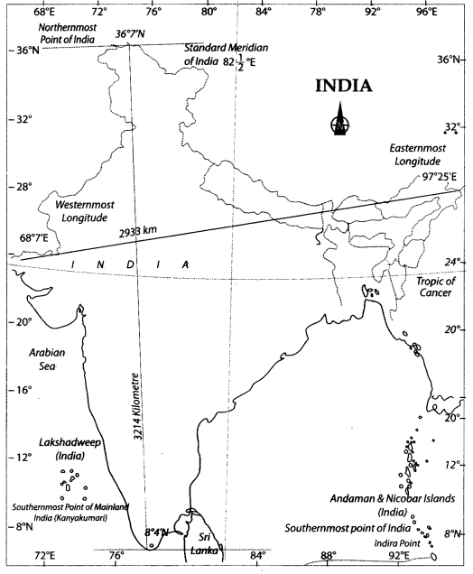 Class 9 Geography Map Work Chapter 1 India-Size and Location 00