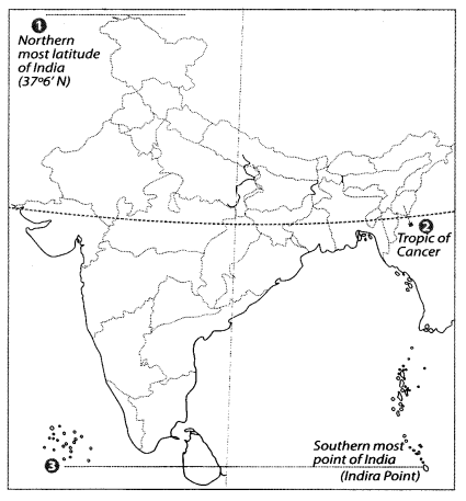 Class 9 Geography Map Work Chapter 1 India-Size and Location a3.1