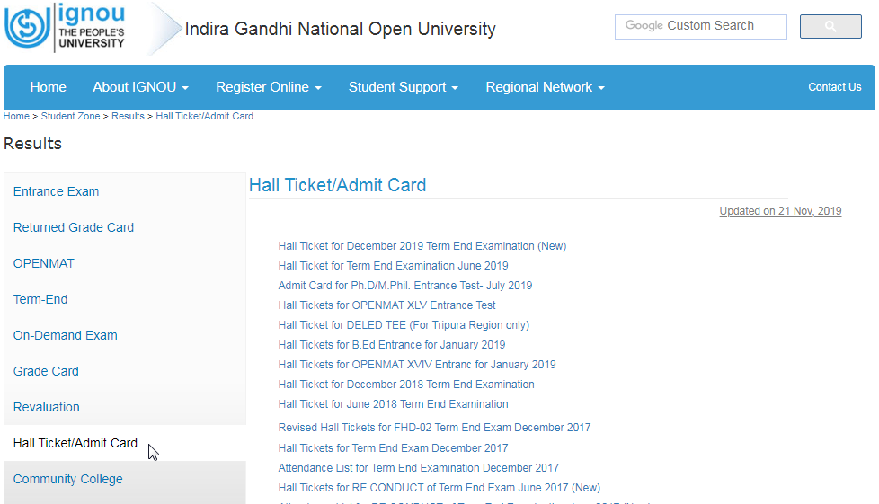 IGNOU Hall Ticket-Admit Card