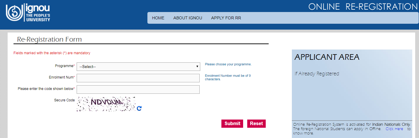IGNOU Online Re-Registraton
