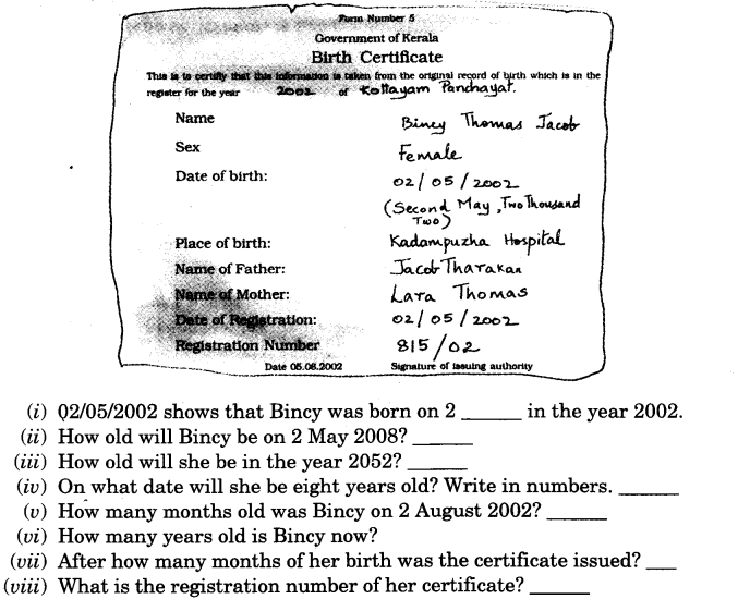 NCERT Solutions for Class 3 Mathematics Chapter-7 Time Goes On Birth Certificate Q1