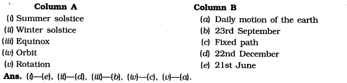 NCERT Solutions for Class 6 Social Science Geography Chapter 3 Motions of the Earth Matching Skills