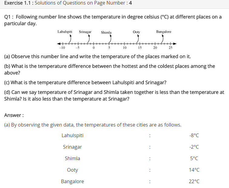 NCERT Solutions for Class 7 Maths Chapter 1 Integers Ex 1.1 Q1