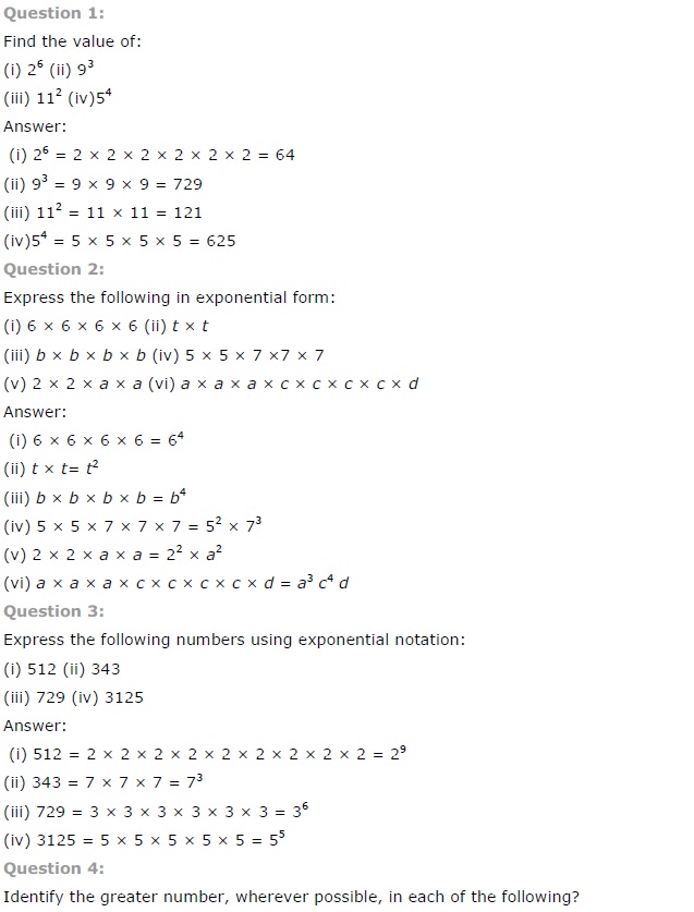 NCERT Solutions for Class 7 Maths Chapter 13 Exponents and Powers Ex 13.1 Q1