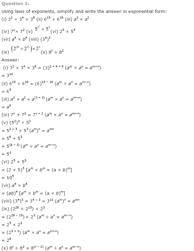 NCERT Solutions for Class 7 Maths Chapter 13 Exponents and Powers Ex 13.2 Q1