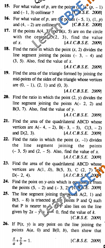 NCERT Maths CBSE Board Papers Class 10 Coordinate Geometry