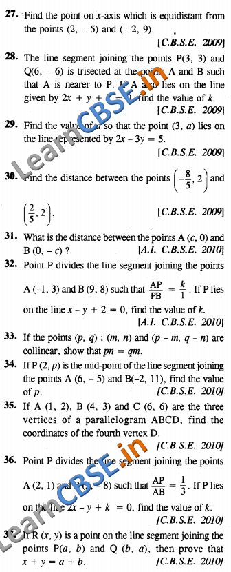 CBSE Board Papers Maths Class 10 Coordinate Geometry