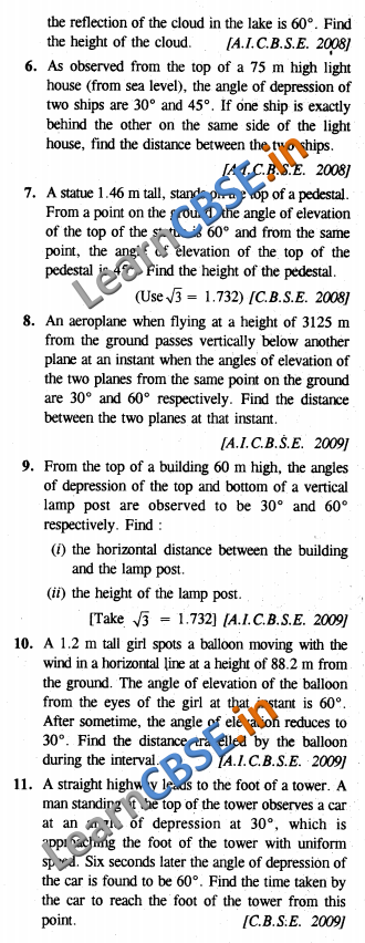 Maths CBSE Board Papers Class 10 Some Applications Of Trigonometry