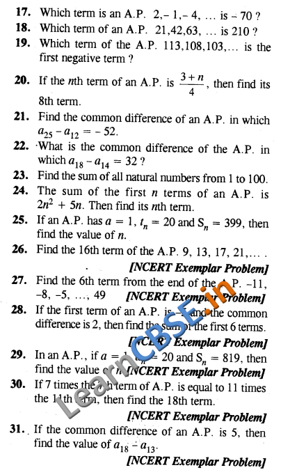  CBSE NCERT CCE Summative Assessment Class 10 Maths Arithmetic Progressions VSAQ 