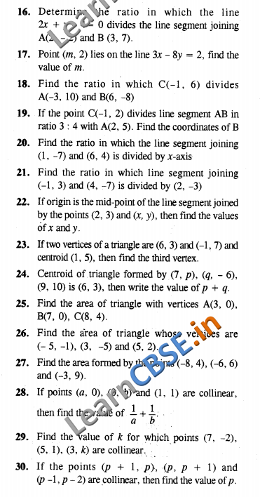  CBSE Class 10 Coordinate Geometry Solutions CCE Summative Assessment VSAQ 
