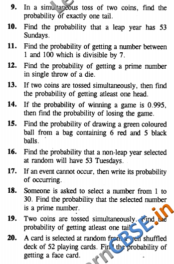 CBSE CCE Summative Assessment Class 10 Maths Probability VSAQ 01
