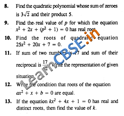  CBSE NCERT CCE Summative Assessment Class 10 Maths Quadratic Equations VSAQ 