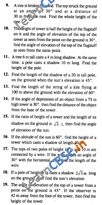 NCERT CCE Summative Assessment Class 10 Maths Some Applications Of Trigonometry VSAQ