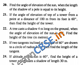 Maths CBSE CCE Summative Assessment Class 10 Some Applications Of Trigonometry VSAQ