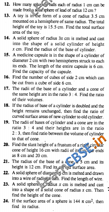 CBSE Class 10 Surface Areas and Volumes Solutions CCE Summative Assessment VSAQ