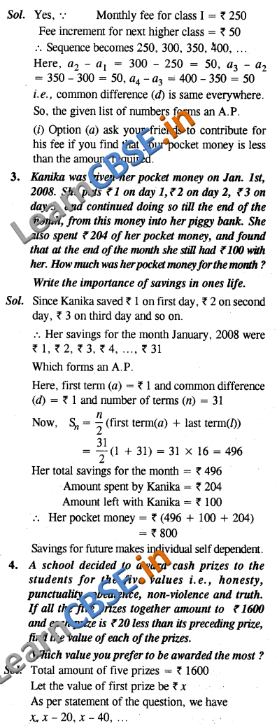 CBSE Class 10 Arithmetic Progressions Solutions Value Based Questions