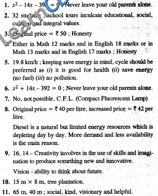  CBSE Class 10 Maths Quadratic Equations Value Based Questions Answers 