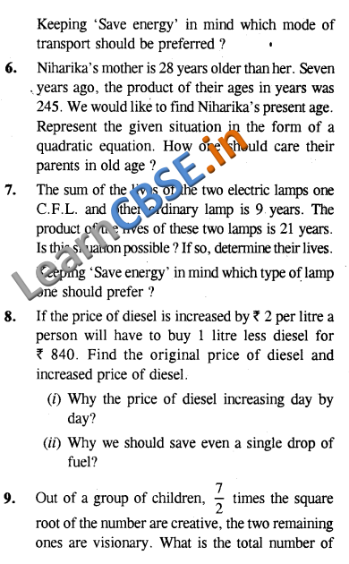 Maths CBSE Class 10 Quadratic Equations Value Based Questions For Practice 02 