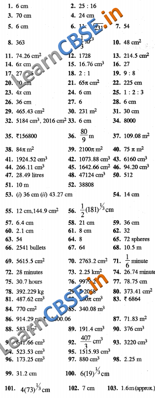 CBSE Class 10 Maths Surface Areas and Volumes Formative Assessment Answers