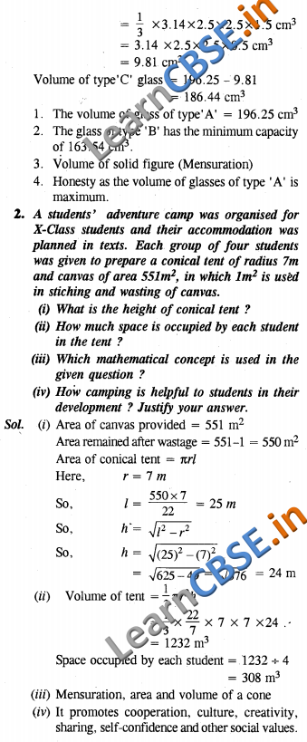 CBSE Class 10 Surface Areas and Volumes Solutions Value Based Questions