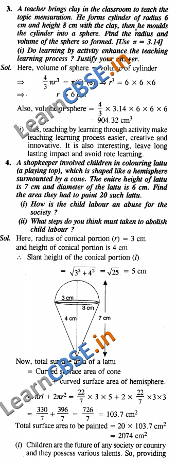 CBSE Class 10 Surface Areas and Volumes Solutions Value Based Questions 01