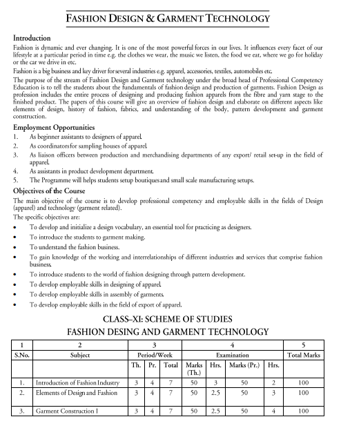 Fashion Design & Garment Technology Syllabus