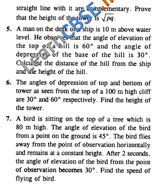   Some Applications Of Trigonometry CBSE Class 10 Maths Higher Order Thinking Skill Questions