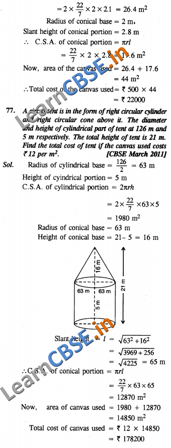  CBSE Class 10 Surface Areas and Volumes Solutions SAQ 3 Marks 